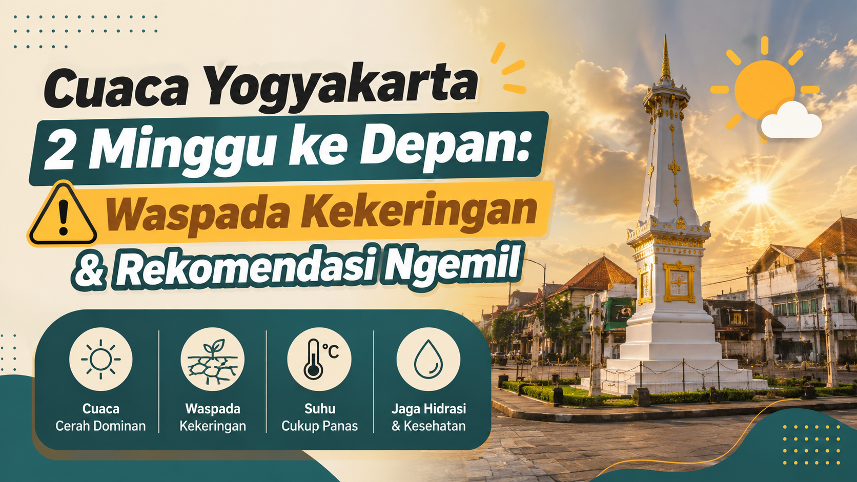 Prakiraan cuaca Yogyakarta 2 minggu ke depan: siaga kekeringan, suhu panas hingga 34°C, potensi bencana, plus rekomendasi ngemil Roti Gembong Gedhe, Rollbon, dan Abonika Compact.