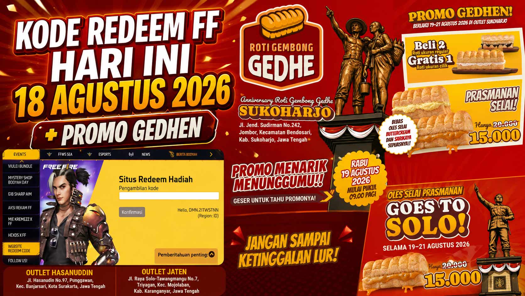 Kode Redeem FF Hari Ini 18 Agustus 2026 + Promo Gedhen